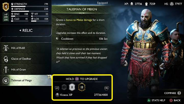 Relics can be upgraded to a maximum of level 3 using Kratos' experience points - God of War Ragnarok: Weapons - Character development - God of War Ragnarok Guide