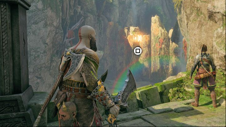 Wait for the icon to appear - press Square - and a rune will be uttered and a pathway will be unlocked - God of War Ragnarok: Unlocking the gate to southern Vanaheim (Cliffside Ruins) - Completing 100% of maps - God of War Ragnarok Guide