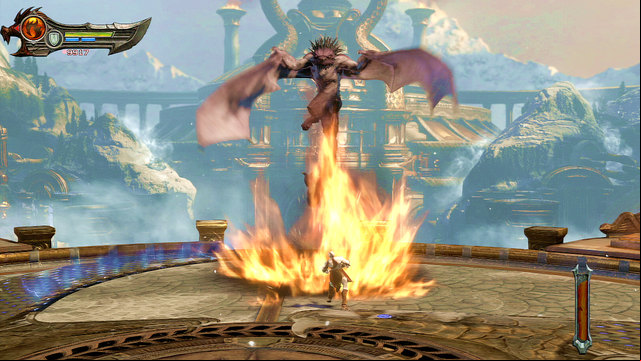 In the first one, beast will be flying and firebreaths, from time to time landing and attacking with tail or wings - Fight with the Manticore - Chapter 9: Ice Caverns - God of War: Ascension - Game Guide and Walkthrough