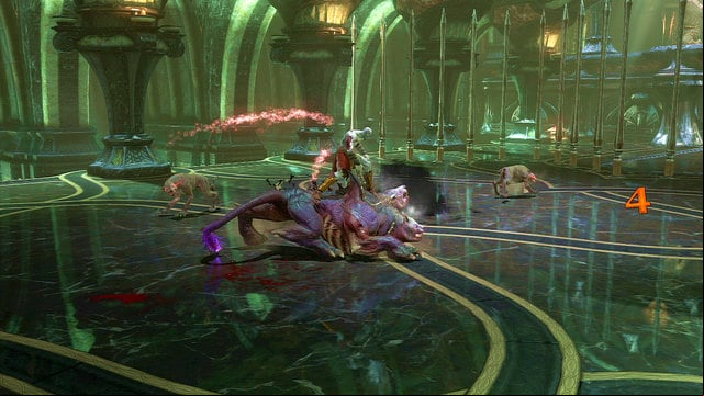 When a white arc appears over his head, you can mount him for a while and use to eliminate smaller enemies - Fight with Cerberus - Chapter 10: The Temple of Delphi - God of War: Ascension - Game Guide and Walkthrough