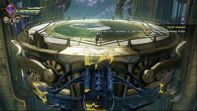 When the elevator stops, approach the closest edge and use eyes of truth to remove a magic barrier - Walkthrough - Chapter 28: The Trial of Archimedes - God of War: Ascension - Game Guide and Walkthrough