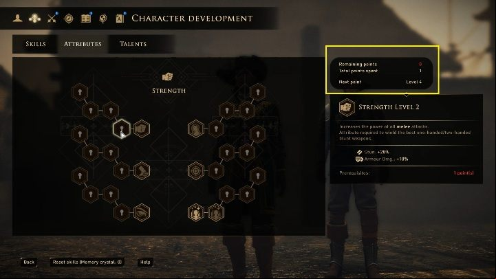 If you enter the skill tree, talents or attributes tree you will see how much you are missing to the next point - GreedFall: Character development - Basics - GreedFall Guide