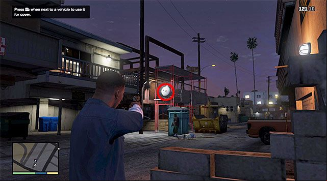Quickly, position yourself next to the garages wall to prevent taking damage unnecessarily, as a result of staying out in the open - GTA 5: Repossession walkthrough - Main missions - GTA 5 Guide