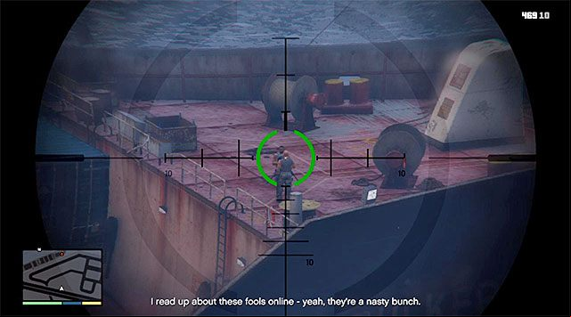Wait for the game to cut to Franklin and take the vantage point near the stairs - GTA 5: The Merryweather Heist, Freighter variant walkthrough - Main missions - GTA 5 Guide