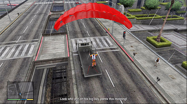 The mission proper is very short and it assumes landing on the flatbed of the truck shown in the screenshot, after jumping off the skyscrapers roof - GTA 5: Targeted Risk - Strangers and Freaks missions - GTA 5 Guide