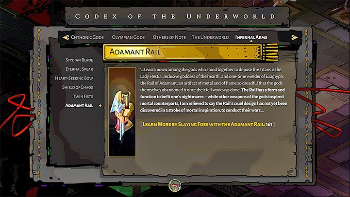 The Adamant Rail is a weapon that resembles a traditional rifle, so it's used for ranged combat - Hades: Adamant Rail - In-game weapons - Hades Guide