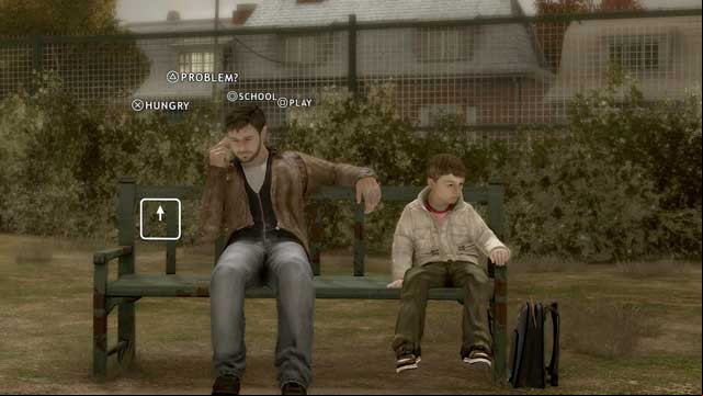 The conversation with your son will not be effective. Notice the boomerang sticking from his backpack - The Park | Heavy Rain Walkthrough - Walkthrough - Heavy Rain HD Guide
