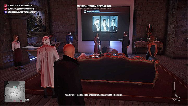 You can learn about the ongoing treasure hunt when visiting the Patrons Lounge - it is located on the first floor right next to the entrance to the lower courtyard - Hitman 2: Story Missions - The Ark Society walkthrough - The Ark Society (Isle of Sgail) - Hitman 2 Guide