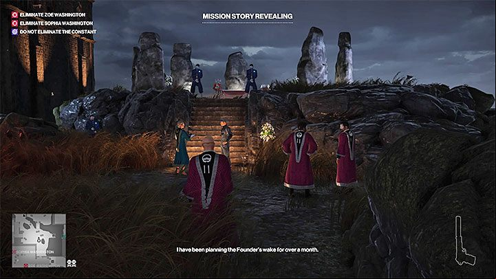 An opportunity to complete this mission appears after you reach the neighborhood of the stone circle in the northern part of the map on level 3 (you can sneak up to the area without having a disguise) - Hitman 2: Story Missions - The Ark Society walkthrough - The Ark Society (Isle of Sgail) - Hitman 2 Guide