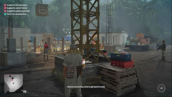 The alternative way to eliminate Andrea is to drop the box hanging on the crane on her - Hitman 2: Story Missions - Three-Headed Serpent walkthrough - Three-Headed Serpent (Santa Fortuna) - Hitman 2 Guide
