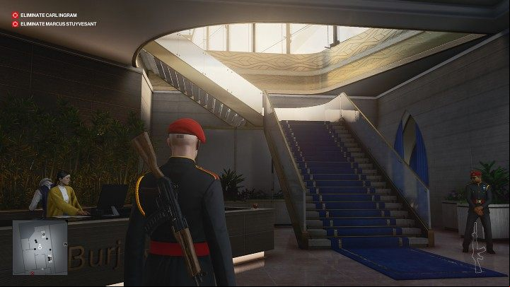 Go left to the reception area (point 31 on the map), which is located on the same floor (go through the conference room on the left to avoid alerting the guard) - Hitman 3: How The Mighty Fall - Dubai, Mission Stories, walkthrough - On Top of the World - Dubai - Hitman 3 Guide