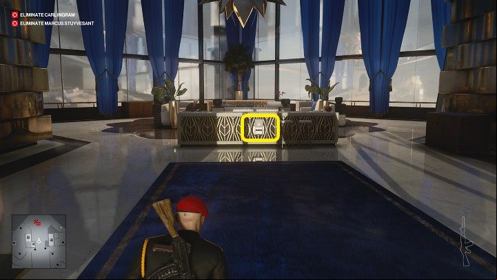 Once both men are seated on the couch (point 39 on the map) and the guards have been asked to leave, sneak over to the control and activate the secure room - Hitman 3: How The Mighty Fall - Dubai, Mission Stories, walkthrough - On Top of the World - Dubai - Hitman 3 Guide