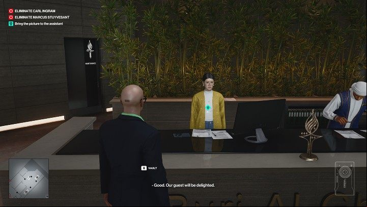 Return to the reception desk and give the photo to the assistant who showed you to the Conference Room earlier - Hitman 3: Bird Of Prey - Dubai, Mission Stories, walkthrough - On Top of the World - Dubai - Hitman 3 Guide