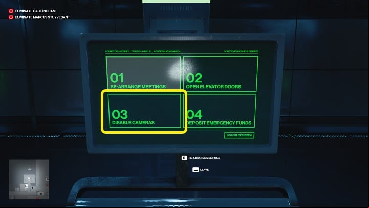 Now you simply need to click the third tile (Disable Cameras), and a moment later the screens in the security room will stop working immediately - Hitman 3: CCTV (Dubai) - how and where to sabotage it? - On Top of the World - Dubai - Hitman 3 Guide