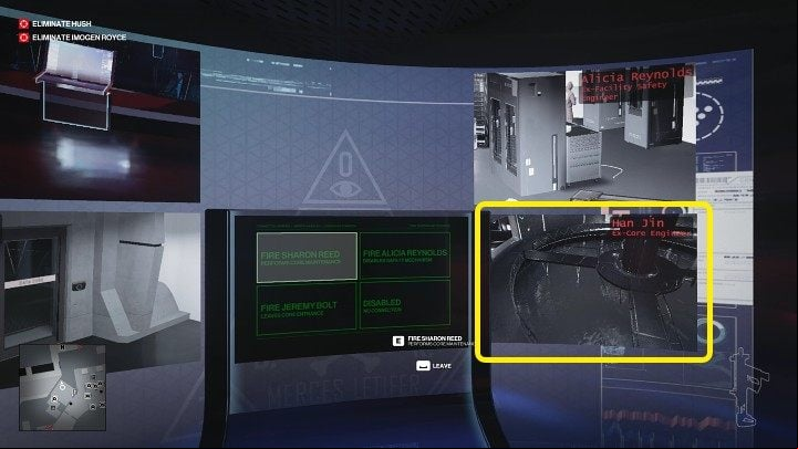 Approach the computer and observe the view from the fourth camera that was installed in the Data Core room - Hitman 3: Imogen Royce - how to kill her? Chongqing, China, walkthrough guide - End Of An Era - Chongqing - Hitman 3 Guide