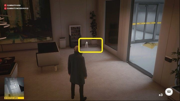 Enter the room and toss a coin or other object near the flower, then retreat out the door - Hitman 3: Imogen Royce - how to kill her? Chongqing, China, walkthrough guide - End Of An Era - Chongqing - Hitman 3 Guide