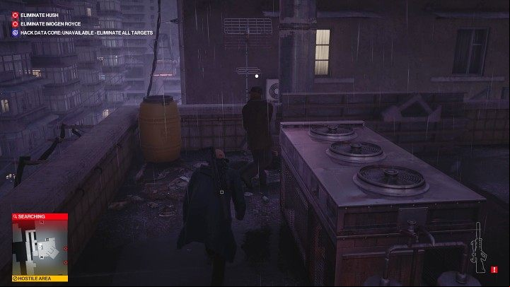 When the second man comes down to the roof, tackle him from behind and incapacitate him - Hitman 3: Imogen Royce - how to kill her? Chongqing, China, walkthrough guide - End Of An Era - Chongqing - Hitman 3 Guide