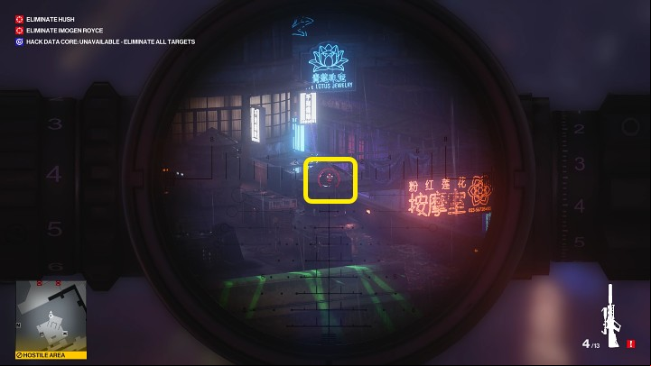 Take up a shooting position and shoot down the last two drones that are hovering above the building on the left - Hitman 3: Imogen Royce - how to kill her? Chongqing, China, walkthrough guide - End Of An Era - Chongqing - Hitman 3 Guide