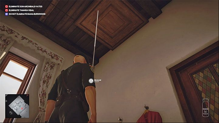 We recommend heading to the attic (point nr 52 on the map), as it is a great spot to shoot from - Hitman 3: How to kill Don Archibald Yates? Mendoza, walkthrough, guide - The Farewell - Mendoza - Hitman 3 Guide