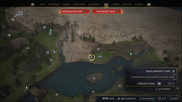 Chest #1 in Marunweem is in a bandit camp not far from Coastal Mine Floo Flame - Hogwarts Legacy: Marunweem Lake - Collection Chests - Collection Chests - Hogwarts Legacy Guide