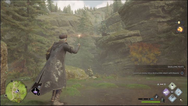 Just like in the previous puzzle, here you will have to lead the butterflies with the Lumos spell to stone objects - Hogwarts Legacy: Hogsmeade Valley - all Merlin Trials - Merlins Trials - Hogwarts Legacy Guide