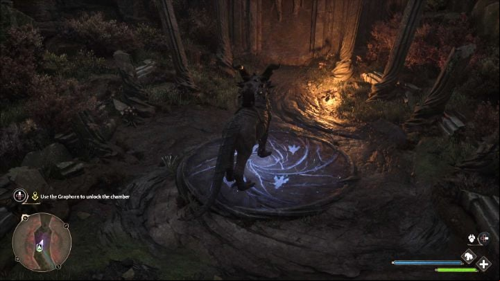 Stand on the round stone slab and wait a few seconds until the Graphorn opens the entrance for you - Hogwarts Legacy: San Bakars Trial - Main quests - Hogwarts Legacy Guide