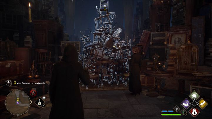 You and Weasley will get to a blockade made out of chairs - your character will learn how to cast the Evanesco spell - Hogwarts Legacy: The Room of Requirement - Main quests - Hogwarts Legacy Guide
