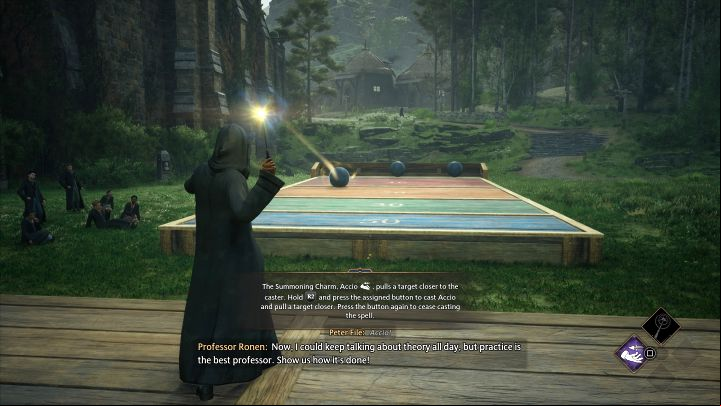 During the class, you will learn the Accio spell - complete the mini-game by following the cursor along the path shown on the screen (press the X/A button when needed) - Hogwarts Legacy: Charms Class - Main quests - Hogwarts Legacy Guide
