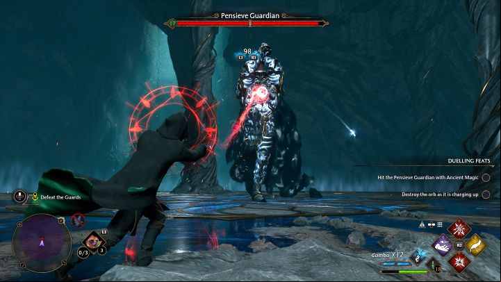 During the boss fight, you have to watch out for red attacks again - dodge to the sides right after the red circle appears above the hero's head - Hogwarts Legacy: How to defeat Pensieve Guardian boss? - Bosses - Hogwarts Legacy Guide