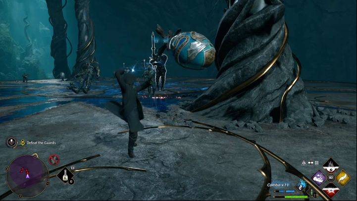 to dodge red attacks and when the statues go up into the air - move away from the circles on the ground that symbolize the landing spots - Hogwarts Legacy: How to defeat Pensieve Guardian boss? - Bosses - Hogwarts Legacy Guide