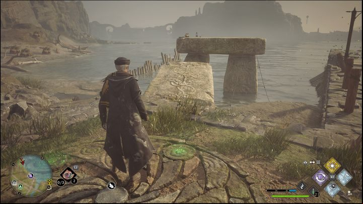 This puzzle requires you to climb each of the stone platforms without touching the ground or water - Hogwarts Legacy: Marunweem Lake - all Merlin Trials - Merlins Trials - Hogwarts Legacy Guide