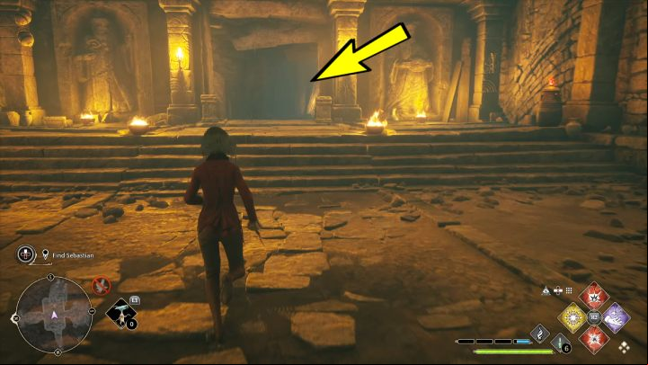 Defeat incoming enemy waves and continue forward until you reach a room with bone stairs - Hogwarts Legacy: In the Shadow of the Relic - Relationship quests - Sebastian - Hogwarts Legacy Guide
