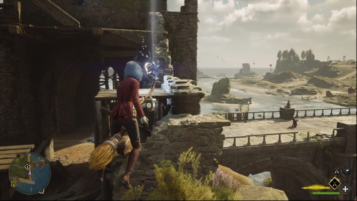 Switch to broom and fly up to the wooden platform to collect the first object - Hogwarts Legacy: Ancient Magic Hotspots Part 2 - Highlands - Hogwarts Legacy Guide