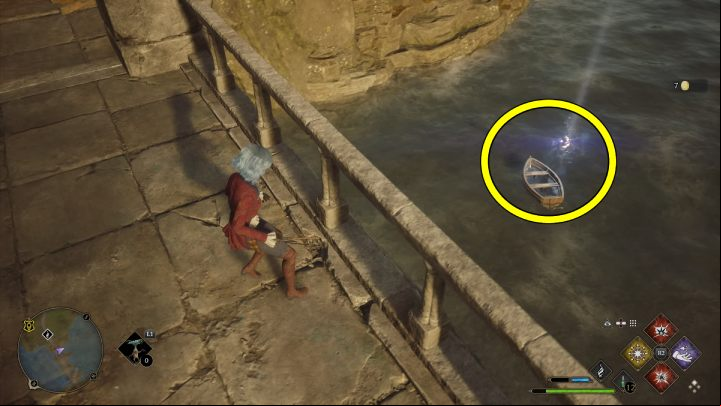 The last object is above the boat by the bridge - Hogwarts Legacy: Ancient Magic Hotspots Part 2 - Highlands - Hogwarts Legacy Guide