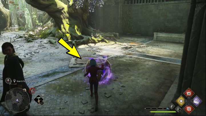 Pick up the cube with Accio, jump back down and put it on the symbol highlighted in blue - Hogwarts Legacy: A Bird in the Hand - Relationship quests - Poppy - Hogwarts Legacy Guide