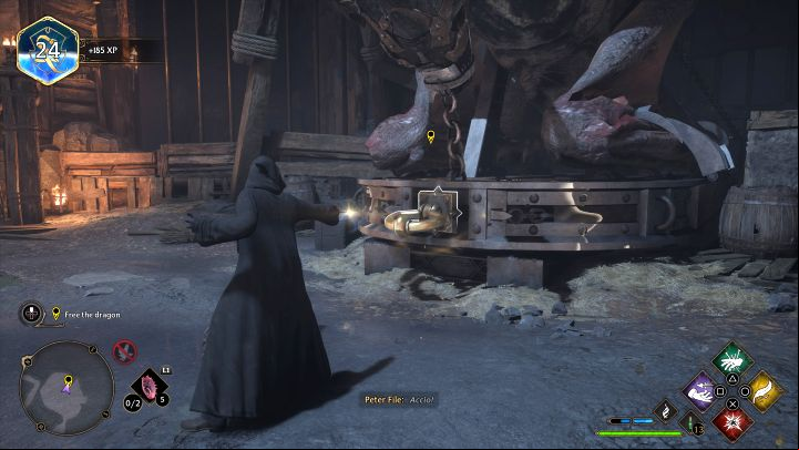 After winning the battle, use the Accio spell on the hook under the dragon (picture above) - Hogwarts Legacy: Fire and Vice - Main quests - Hogwarts Legacy Guide