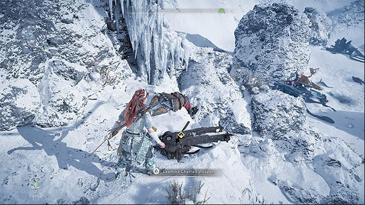 After the cut-scenes, you need to return to the damaged weapon remaining on the small hill - Horizon Forbidden West: Cradle of Echoes - walkthrough - Main Storyline - Horizon Forbidden West Guide