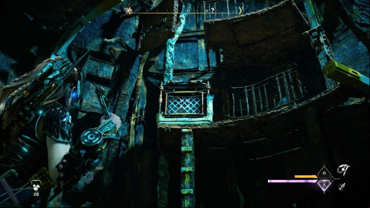 Use your Pullcaster to pull an element out of the wall and jump to the higher level of the tower - Horizon Forbidden West: The Deluge - walkthrough - Side quests - Horizon Forbidden West Guide