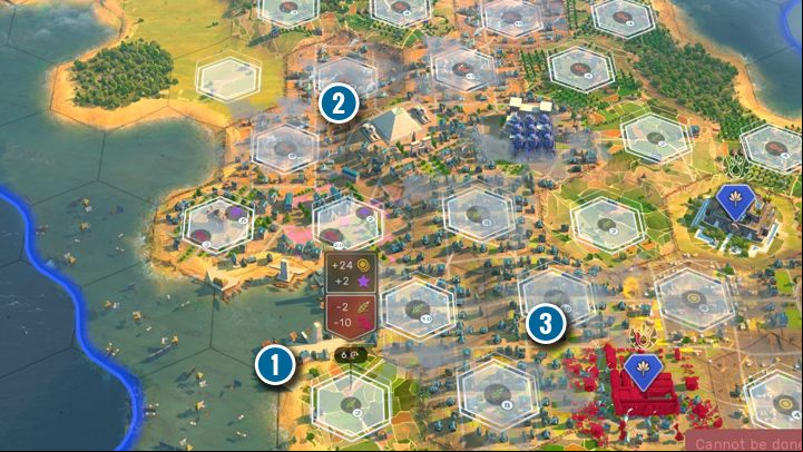 The game automatically shows you the best location to construct the district in (1). The Pyramid of the Egyptian Culture in the Ancient Era still provides many industry points (2). Districts cannot be built on top of luxury and strategy resources (3). - Humankind: Districts - Cities - Humankind Guide