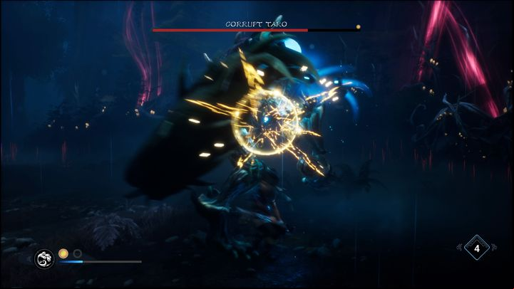 If the boss starts roaring and glowing red, run away as soon as you can, as he'll cause an explosion around himself - Kena Bridge of Spirits: Corrupt Taro - boss, how to beat? - Bosses - Kena Bridge of Spirits Guide