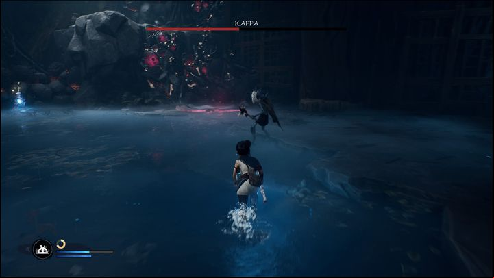 When his health drops below half, Kappa will be able to teleport to the hill from where he will fire multiple projectiles at you - Kena Bridge of Spirits: Kappa - boss, how to defeat? - Bosses - Kena Bridge of Spirits Guide