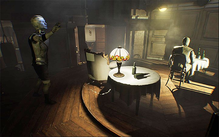 Pressing the button lowers the chair - The Hanging Chairs riddle | Layers of Fear 2 Riddle Solutions - Act 1 - The Unmooring - Layers of Fear 2 Guide