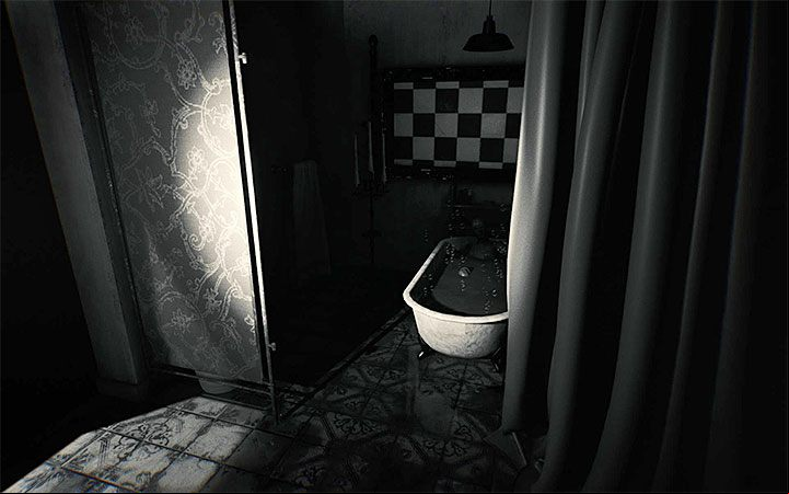 Start by unfolding the curtain on the left side so that you reveal the bathtub with the dummy - The cable and bath riddle | Layers of Fear 2 Riddle Solutions - Act 2 - The Hunt - Layers of Fear 2 Guide