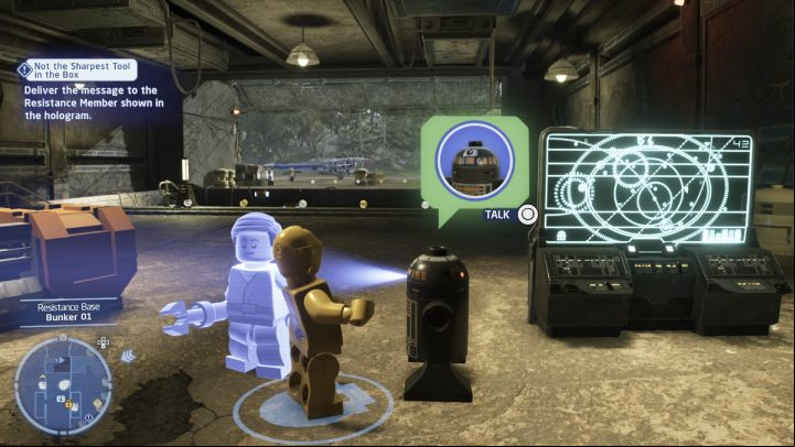 Talk to the quest giver in bunker number 1 and accept the quest - LEGO Skywalker Saga: Not the Sharpest Tool in the Box - walkthrough - DQar resistance base - LEGO Skywalker Saga Guide