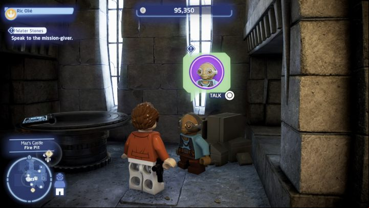 Accept the quest from the quest giver in Maz's Castle, and then read the riddle on the table next to it - LEGO Skywalker Saga: Water Stones - walkthrough - Takodana - Maz Castle - LEGO Skywalker Saga Guide