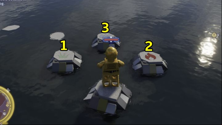 When new stones come out of the water, jump across them in the following order - LEGO Skywalker Saga: Water Stones - walkthrough - Takodana - Maz Castle - LEGO Skywalker Saga Guide