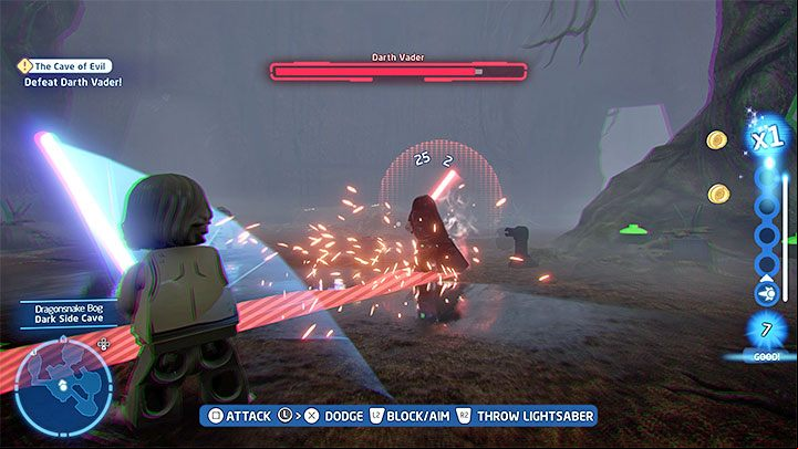 While attacking Vader, watch out for his stronger attacks, symbolized by red lines and circles - LEGO Skywalker Saga: Hibernation Station - walkthrough - Episode 5 - The Empire Strikes Back - LEGO Skywalker Saga Guide