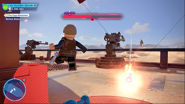 In the second part of the duel, Boba Fett will start flying around the barge - LEGO Skywalker Saga: Boba Fett - boss, how to defeat? - Bosses - LEGO Skywalker Saga Guide