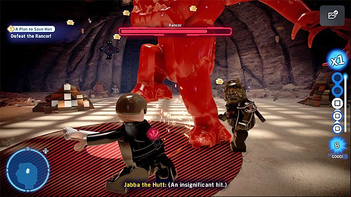 During this fight, watch out for the red lines and circles that symbolize all the heavy attacks, incl - LEGO Skywalker Saga: Rancor - boss, how to defeat? - Bosses - LEGO Skywalker Saga Guide