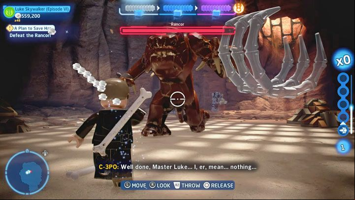 Consider using the Force to attack Rancor - pick up some nearby objects and throw them at the boss - LEGO Skywalker Saga: Rancor - boss, how to defeat? - Bosses - LEGO Skywalker Saga Guide